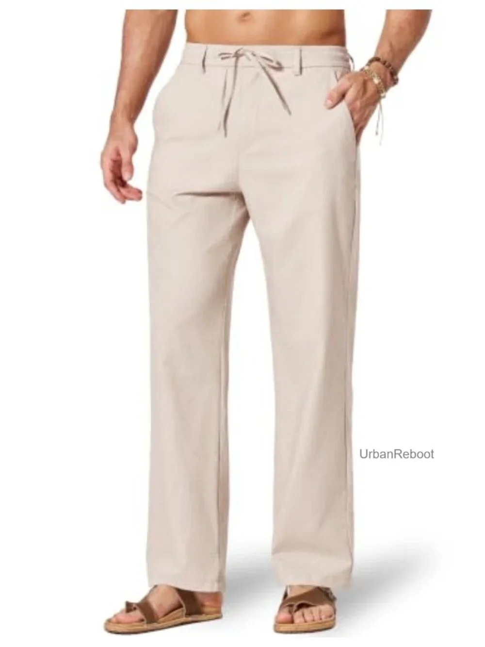 Relaxed Fit Cotton Linen Drawstring Pants for Men Casual Summer Trousers